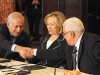 Playing nice: Prime Minister Netanyahu shaking hands with PA President Abbas, under the supervision of Secretary of State Clinton in Washington, DC, September 2010.
